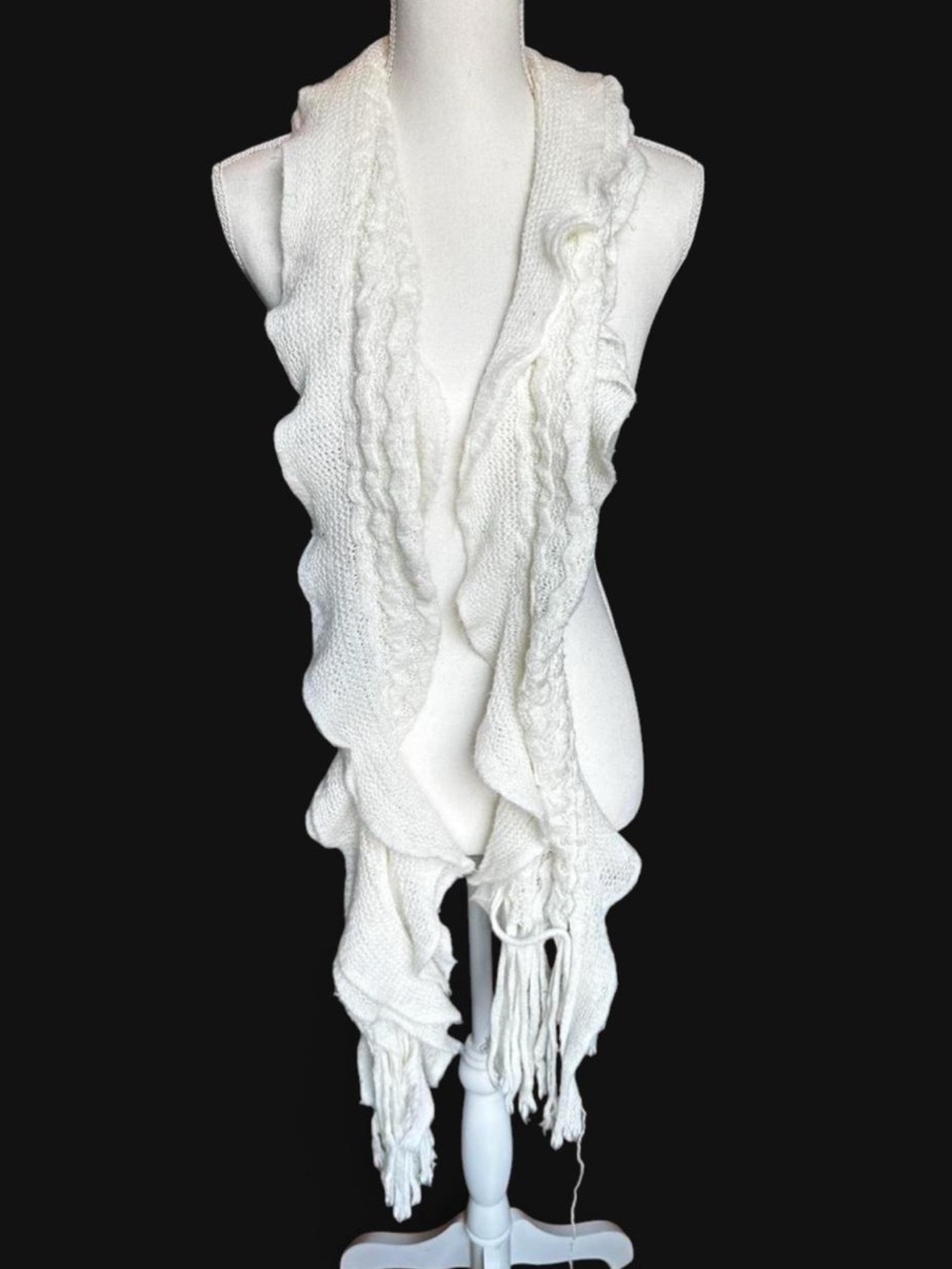 Cream Knit Ruffle Scarf with Fringe